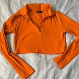 Zara Orange Long Sleeve Fitted Polo Shirt